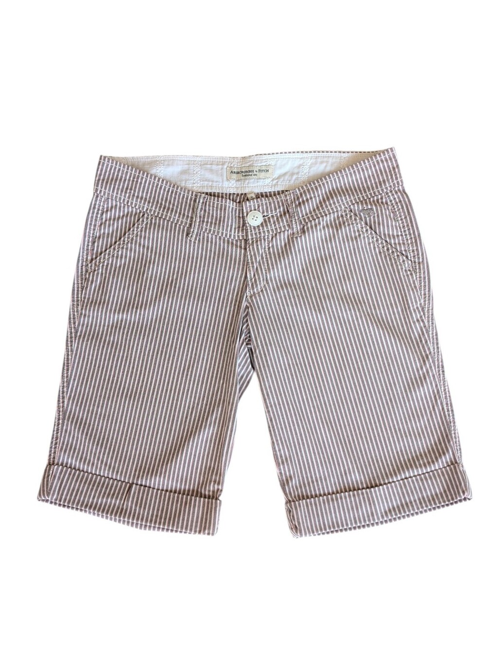 Abercrombie & Fitch Stripes Cuffed Moose Bermuda Shorts 0 Gray White Pink